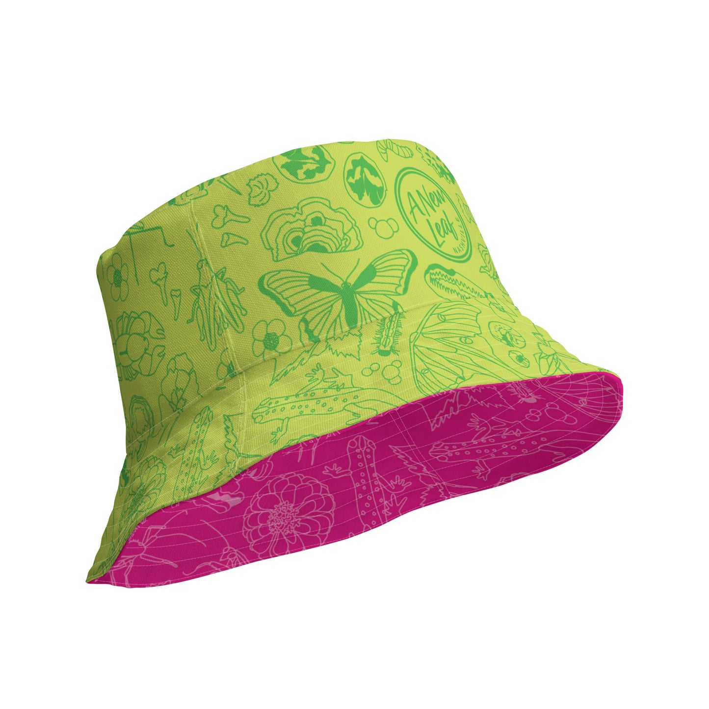 Nature Print Reversible Bucket Hat // Chartreuse Green & Magenta